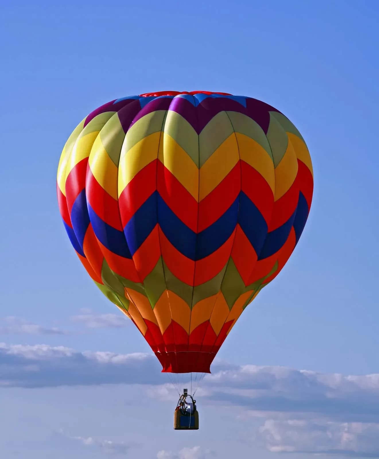 A single balloon in flight, its envelope filling the frame against open sky
