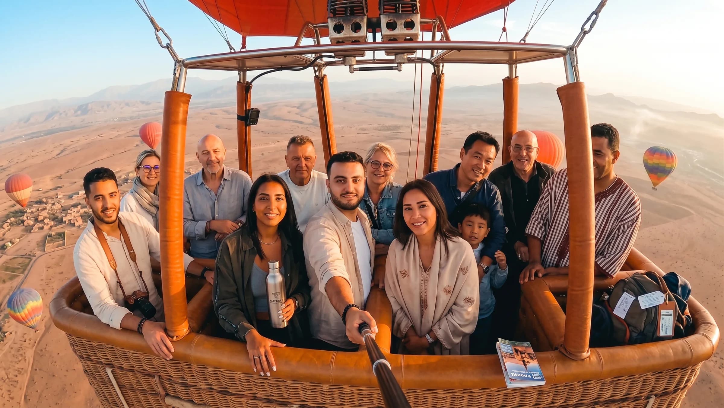 A dozen guests filling a shared balloon basket, other balloons and a village on the plain below