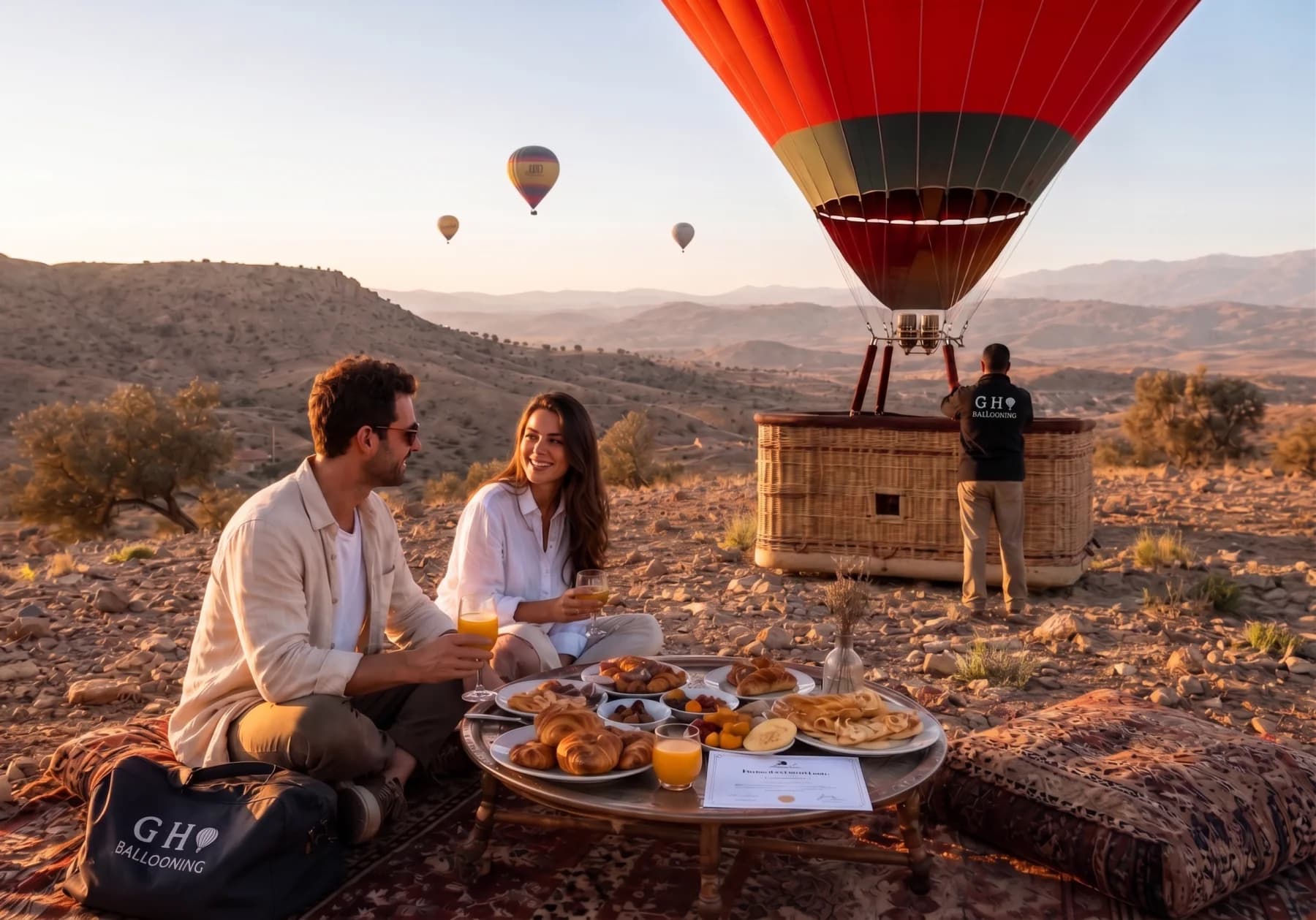 A couple at a private breakfast laid on rugs after landing, their balloon and crew on the hillside behind