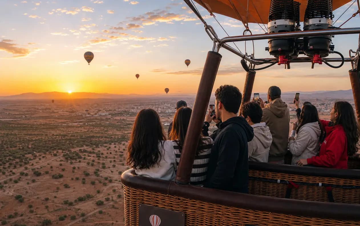Guests at the basket rail watching the sun rise over the plain, other balloons in the sky