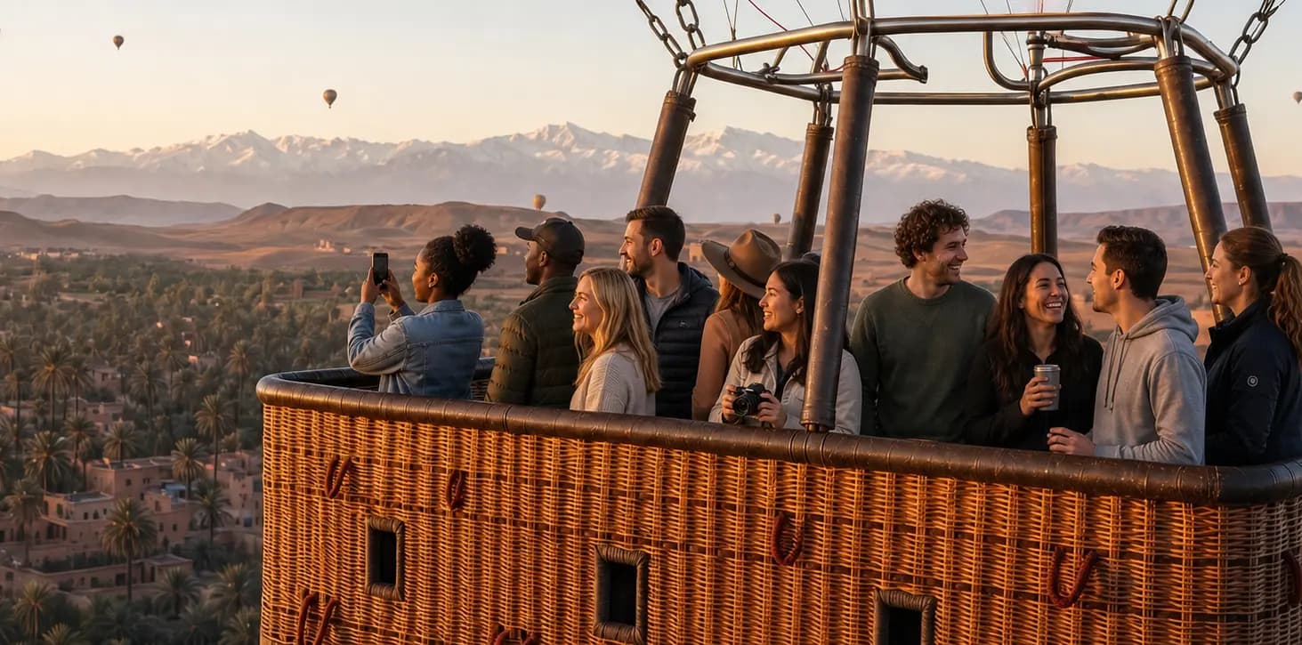 Ten guests along the rail of a shared balloon basket, palm groves below and the snow-capped Atlas behind
